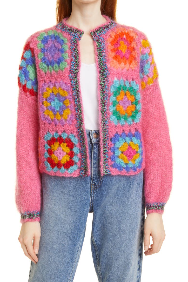 Crochet Mohair & Wool Blend Cardigan, Main, color, CRAZY