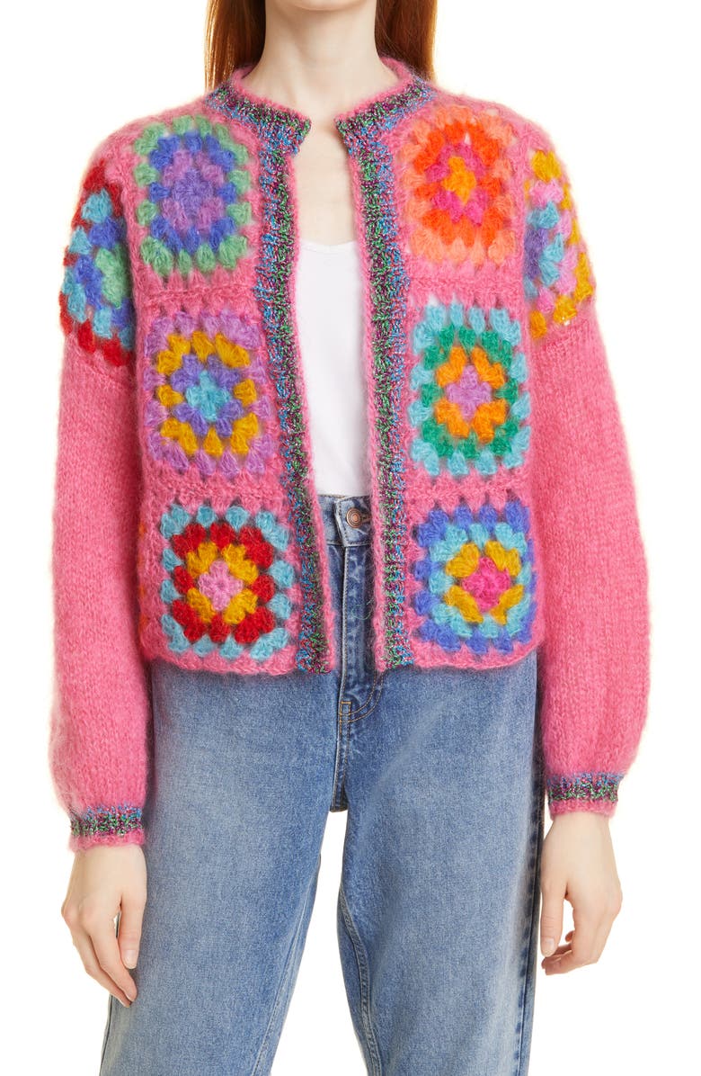 Rose Carmine Crochet Mohair & Wool Blend Cardigan, Main, color, 