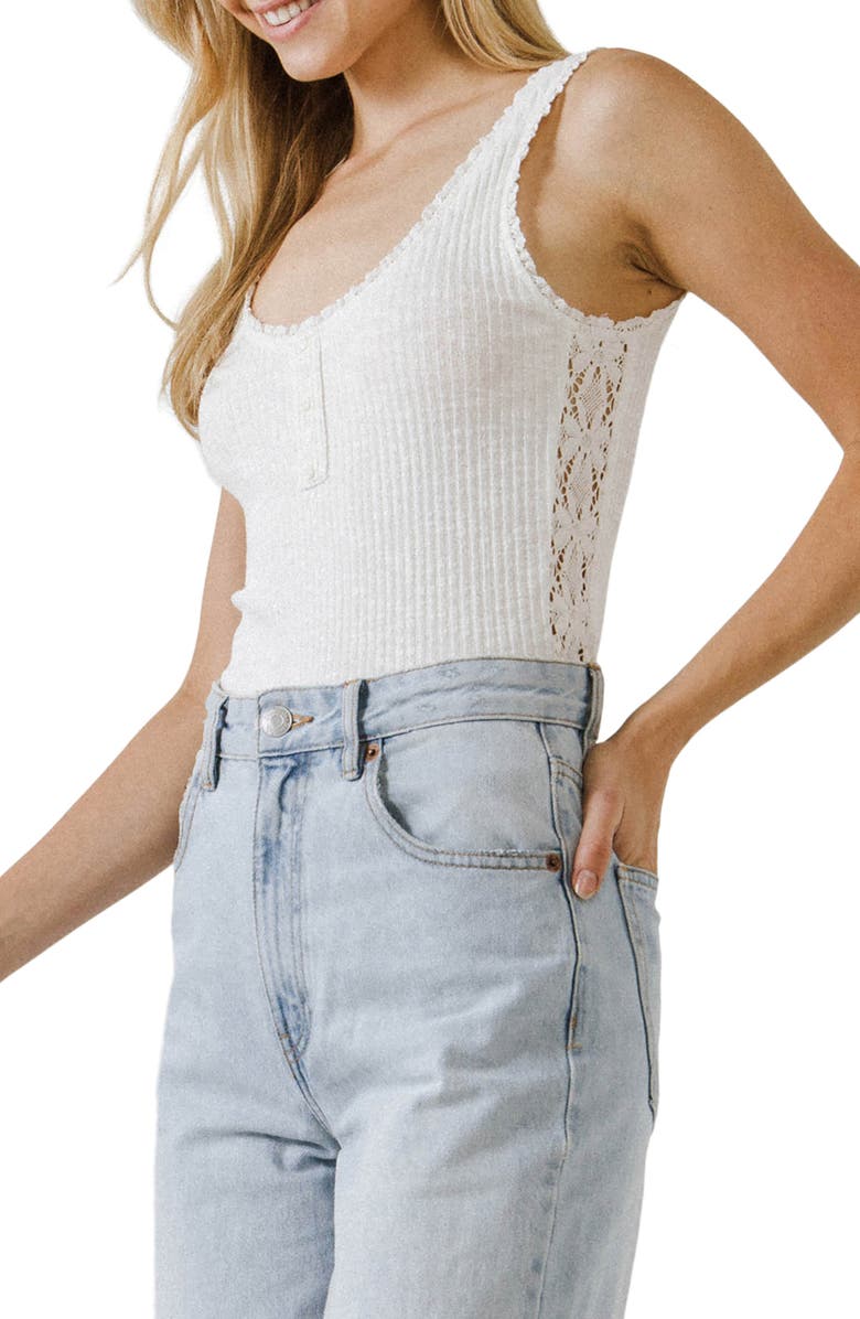 Free the Roses Lace Trim Henley Tank Top, Alternate, color, White