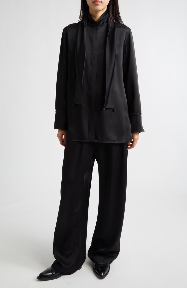 Jil Sander Fluid Satin Shirt with Scarf Ties, Alternate, color, Black