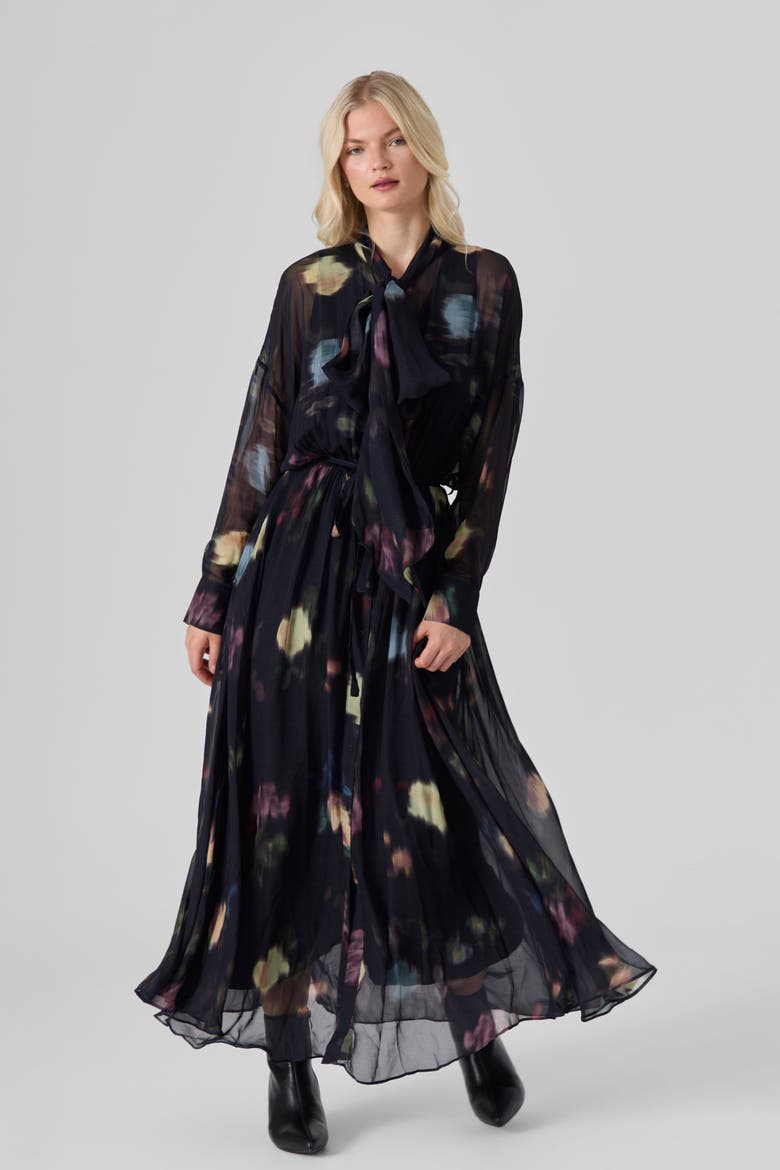 Silk Chiffon Neck-Tie Maxi Dress, Alternate, color, Black/Colors