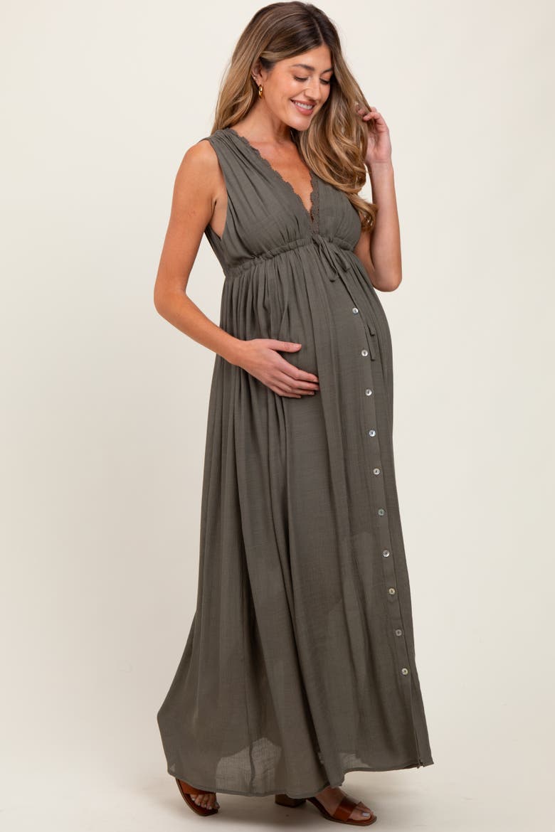 Deep V-Neck Sleeveless Button Down Maxi Dress, Alternate, color, Olive Green