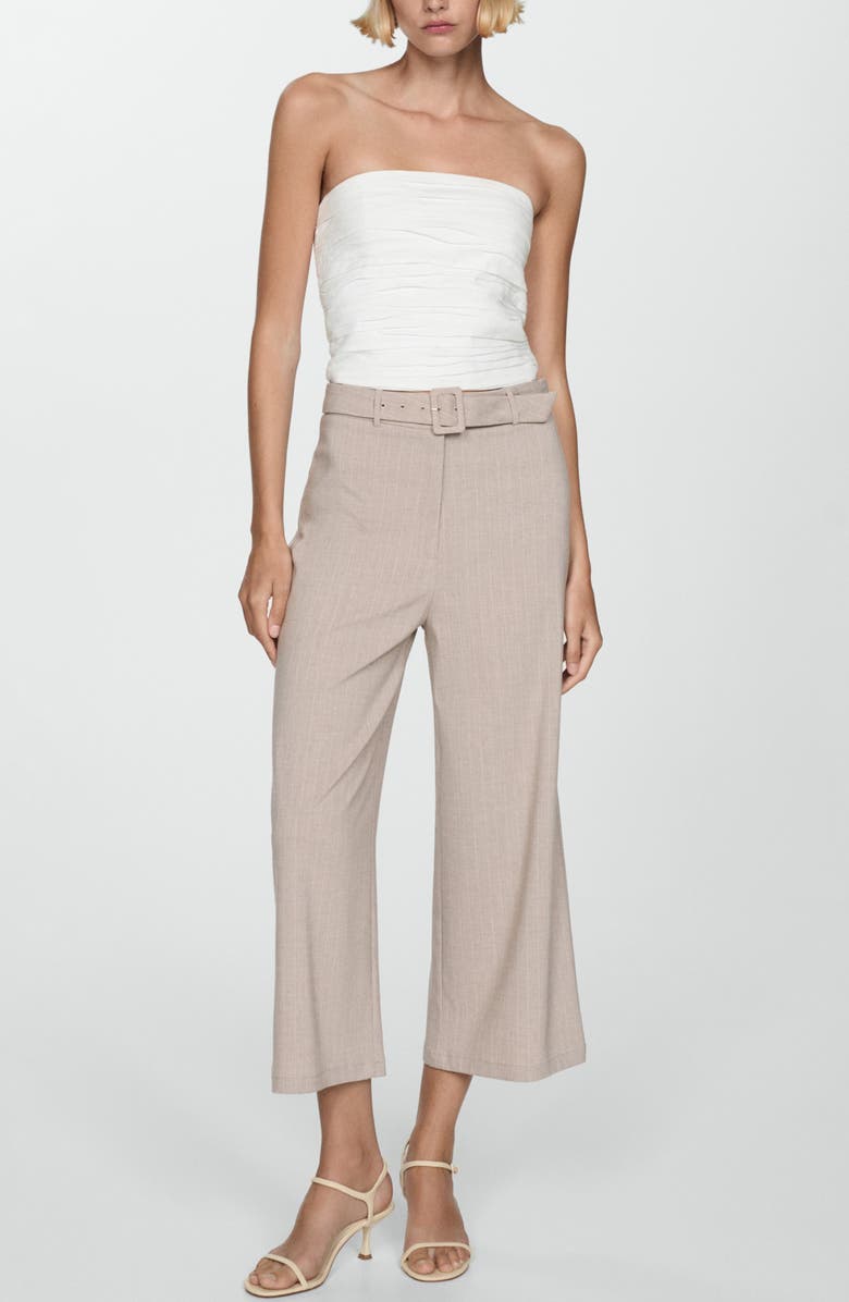 MANGO Chalk Stripe Belted Crop Wide Leg Pants, Alternate, color, Beige