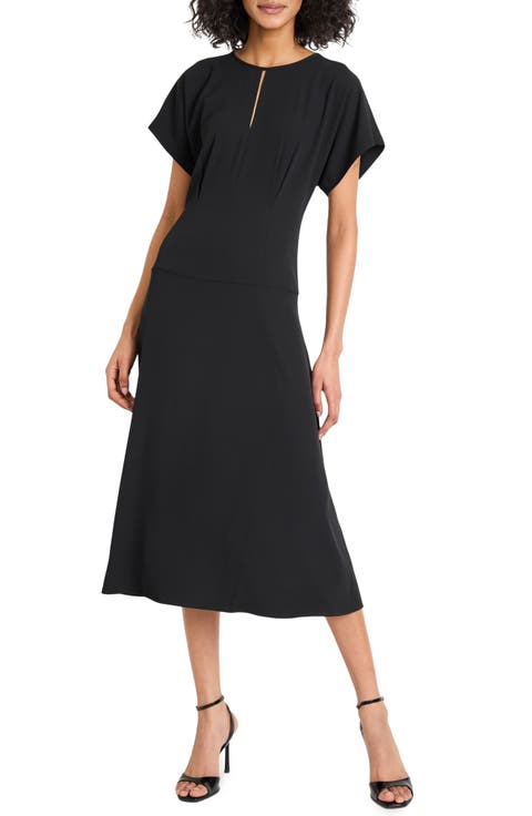 EN SAISON SPLICED EMB FLORAL DENIM FIT N FLARE MIDI DRESS