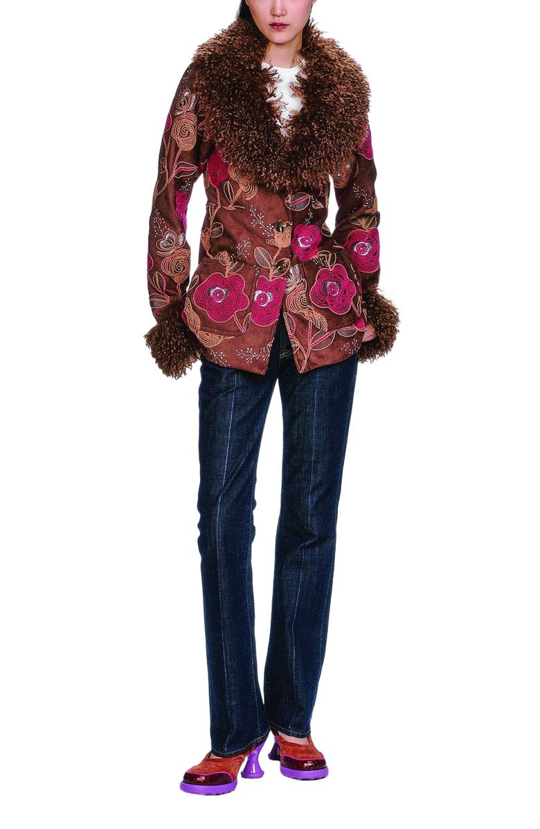 Anna Sui Poiret Rose Embroidered Faux Suede Faux Fur Trim Jacket, Alternate, color, Caramel Multi