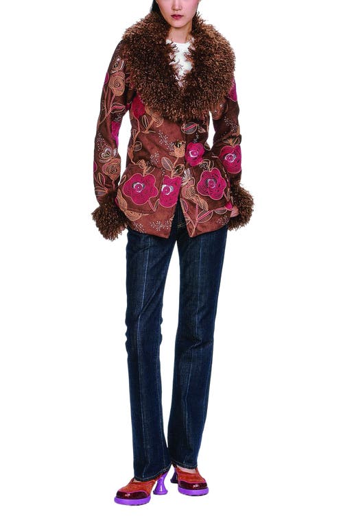 Anna Sui Poiret Rose Embroidered Faux Suede Faux Fur Trim Jacket In Multi
