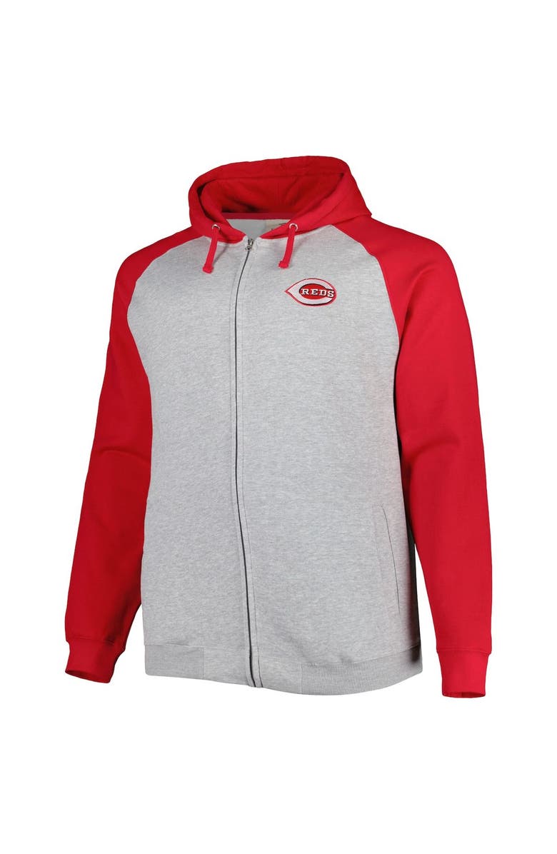 PROFILE Men's Heather Gray/Red Cincinnati Reds Big & Tall Raglan Hoodie Full-Zip Sweatshirt, Alternate, color, 