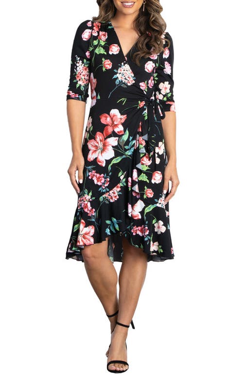 Kiyonna Flirty Flounce Floral Print Wrap Dress In Midnight Meadow