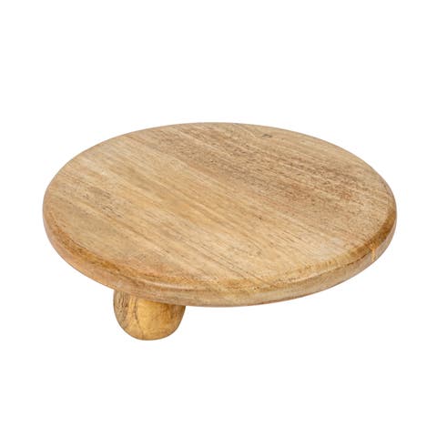 9.75 Inches Round Hand-Carved Mango Wood Cake Pedestal, Natural