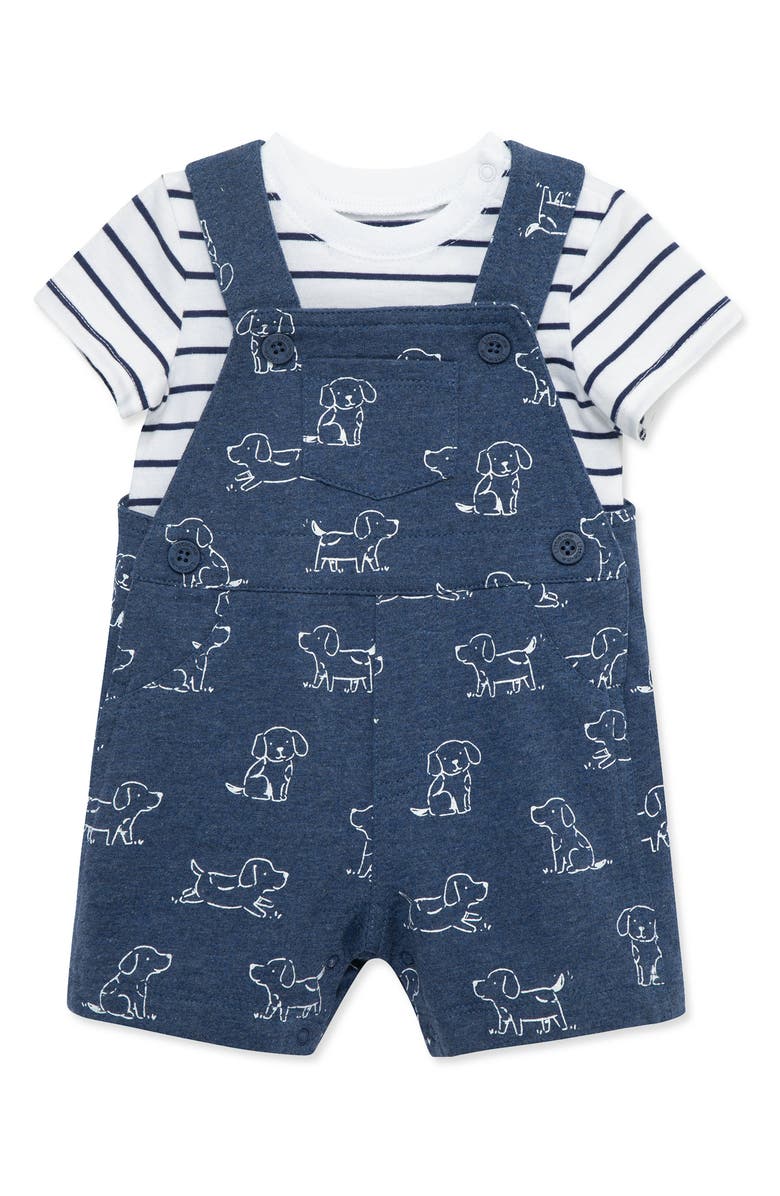 Little Me Puppies Cotton T-Shirt & Overalls Set, Alternate, color, Blue