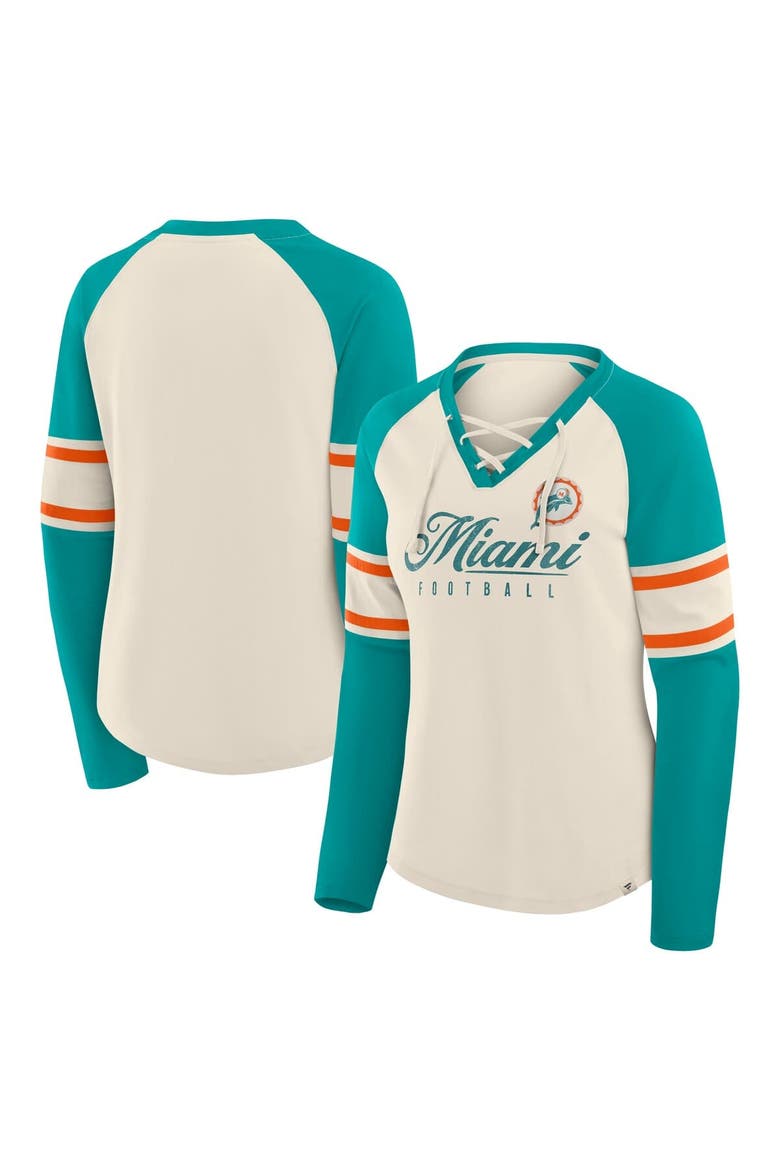 Women's Fanatics Cream/Aqua Miami Dolphins Hometown Gridiron Hero Raglan Lace-Up V-Neck Long Sleeve T-Shirt, Main, color, Cream