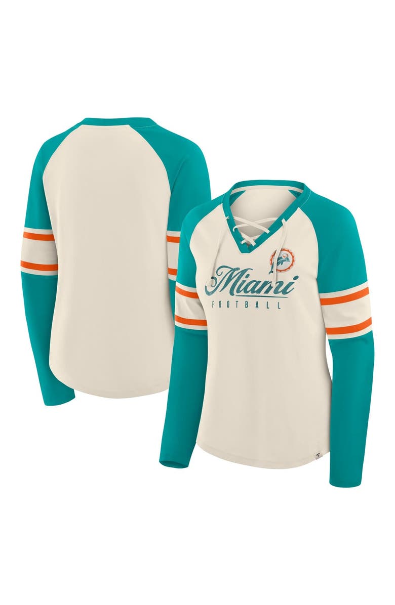 FANATICS Women
s Fanatics Cream/Aqua Miami Dolphins Hometown Gridiron Hero Raglan Lace-Up V-Neck Long Sleeve T-Shirt, Main, color, Cream