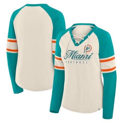 Women
s Fanatics Cream/Aqua Miami Dolphins Hometown Gridiron Hero Raglan Lace-Up V-Neck Long Sleeve T-Shirt
