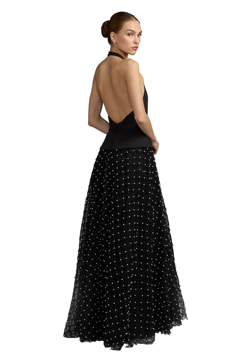 Petite Pearl Embellished Halter Neck Ballgown, Alternate, color, Black