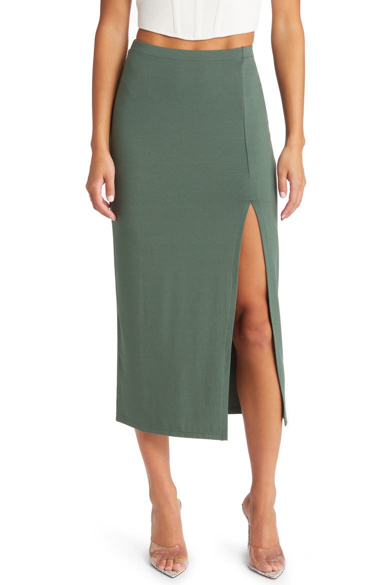Slit Hem Midi Skirt, Main, color, GREEN CILANTRO