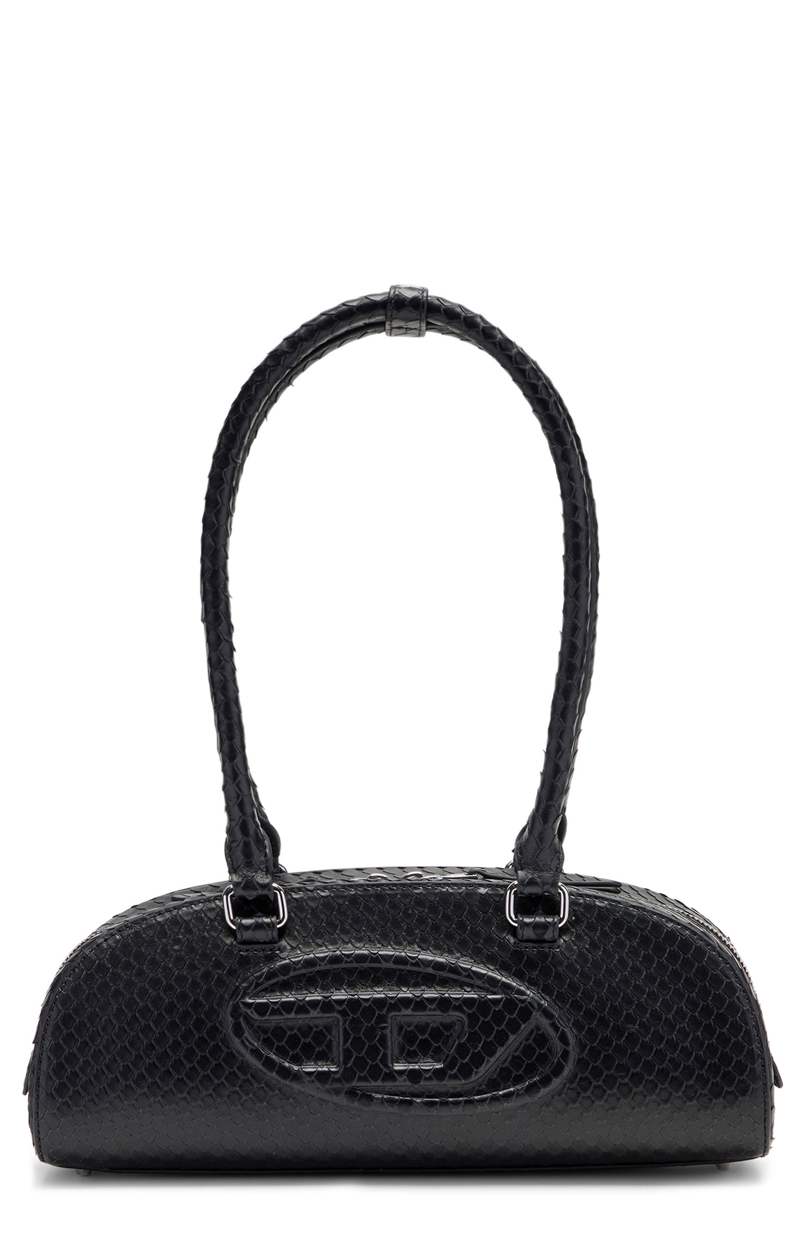 DIESEL<sup>®</sup> 1DR Dome-Elongated Snakeskin Embossed Leather Shoulder Bag, Main, color, Black