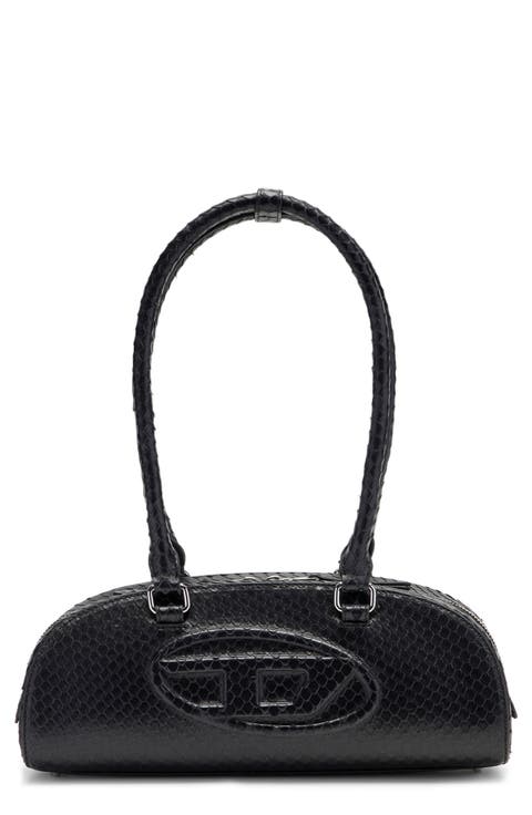 1DR Dome-Elongated Snakeskin Embossed Leather Shoulder Bag