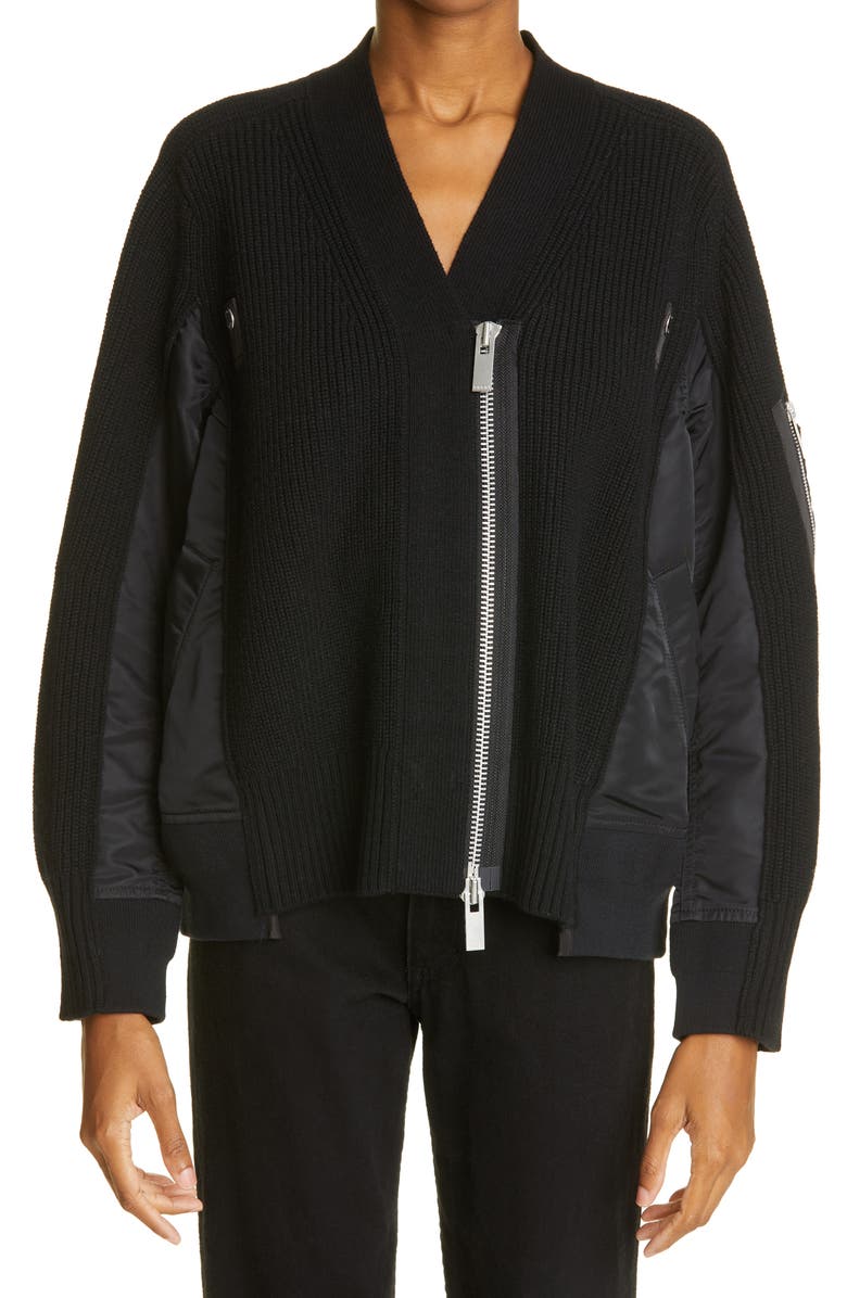 Sacai Hybrid Wool & Nylon Twill MA-1 Sweater Jacket, Main, color,