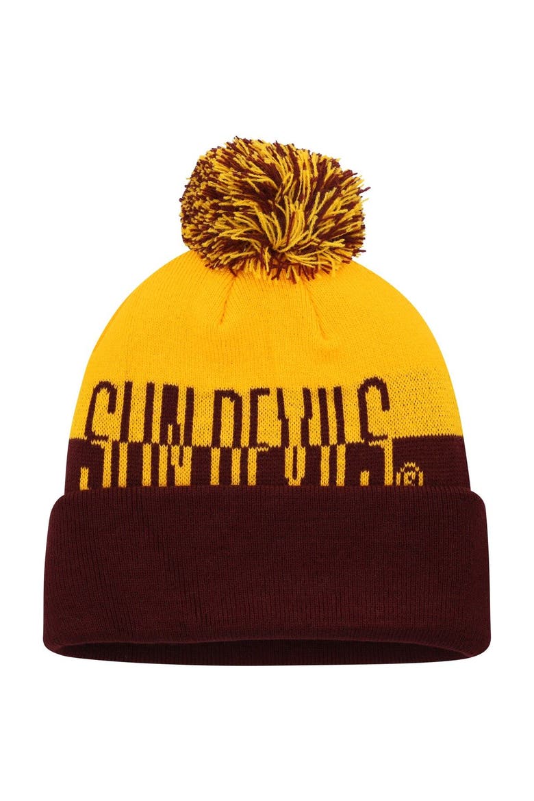 Men's adidas Maroon/Gold Arizona State Sun Devils Colorblock Cuffed Knit Hat with Pom, Main, color, Maroon