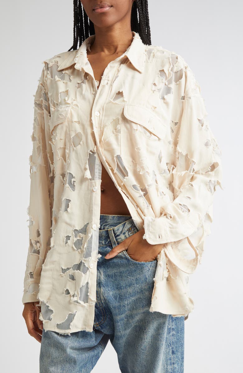 R13 Ripped Button-Up Shirt, Alternate, color, Beige