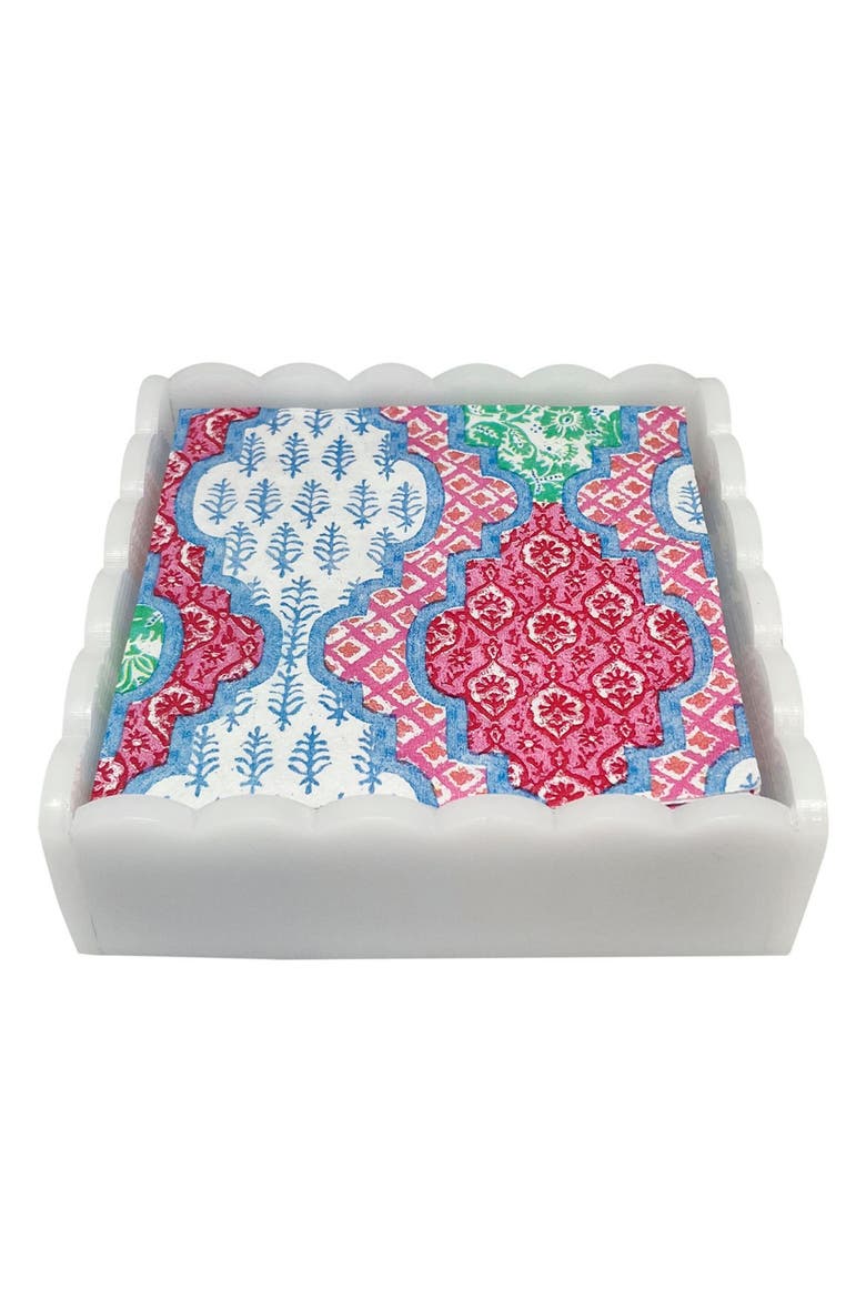 Provençal Cotton Pink White Scalloped Cocktail Napkin Set, Main, color, WHITE
