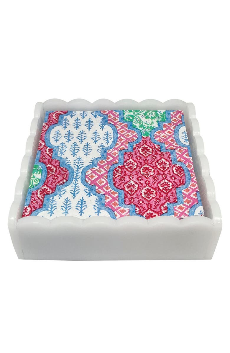 Mariposa Provençal Cotton Pink White Scalloped Cocktail Napkin Set, Main, color, White