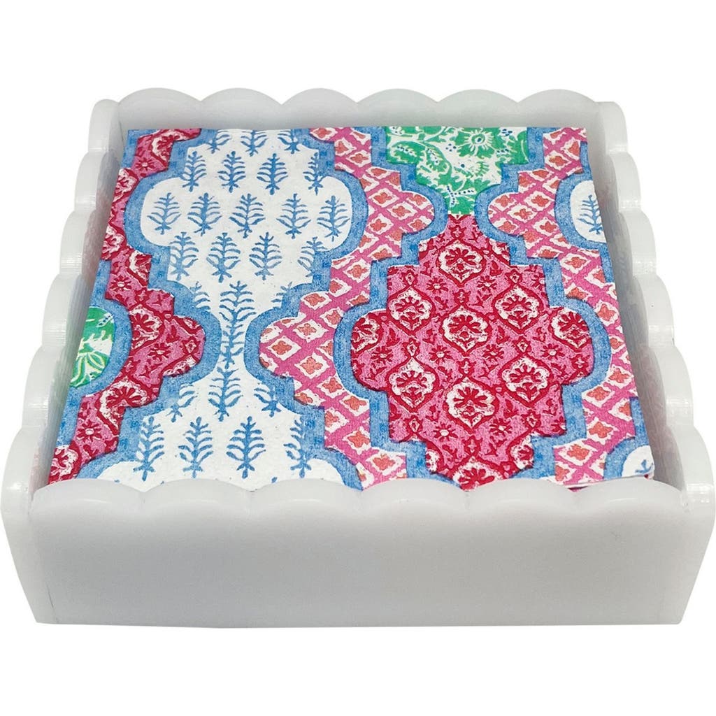 Mariposa Provençal Cotton Pink White Scalloped Cocktail Napkin Set In White