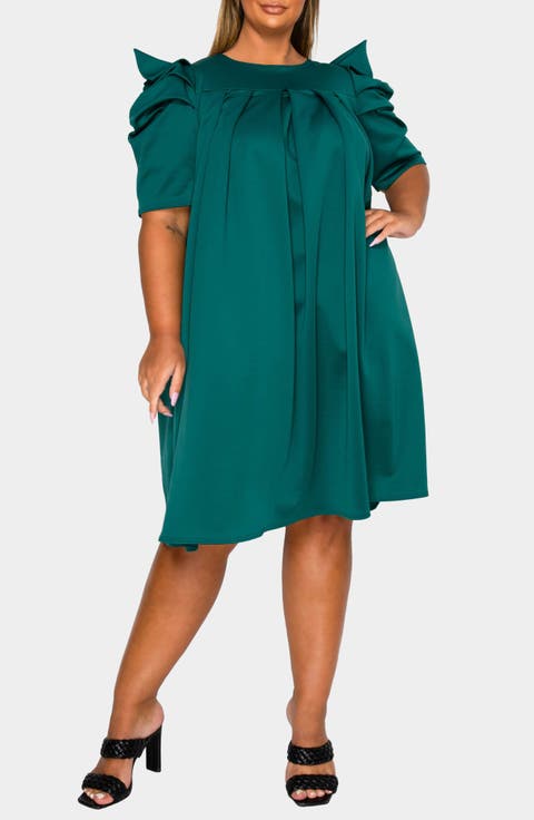 Zaya Puff Sleeve Pleated Shift Dress (Plus)