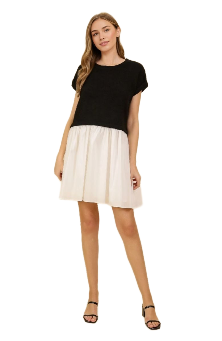 Knit and Lounge Chic Two-Tone Mini Gathered Dress, Alternate, color, Black/White