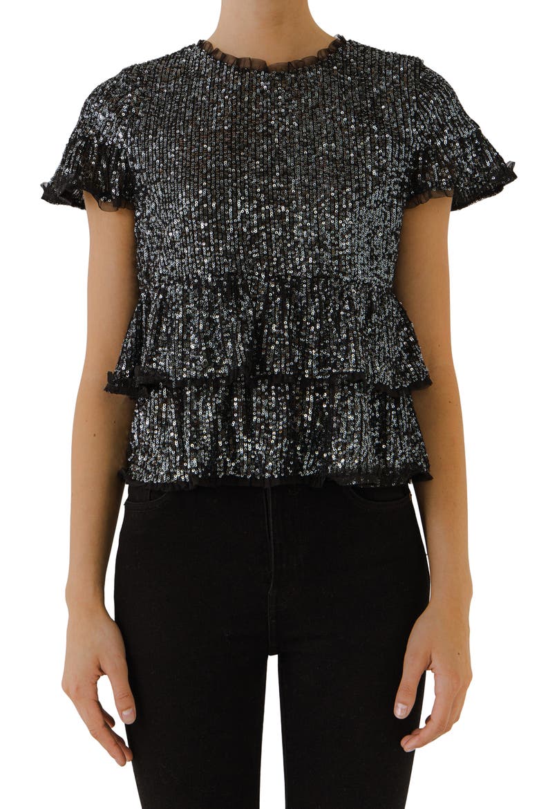 Sequin Babydoll Top, Alternate, color, BLACK