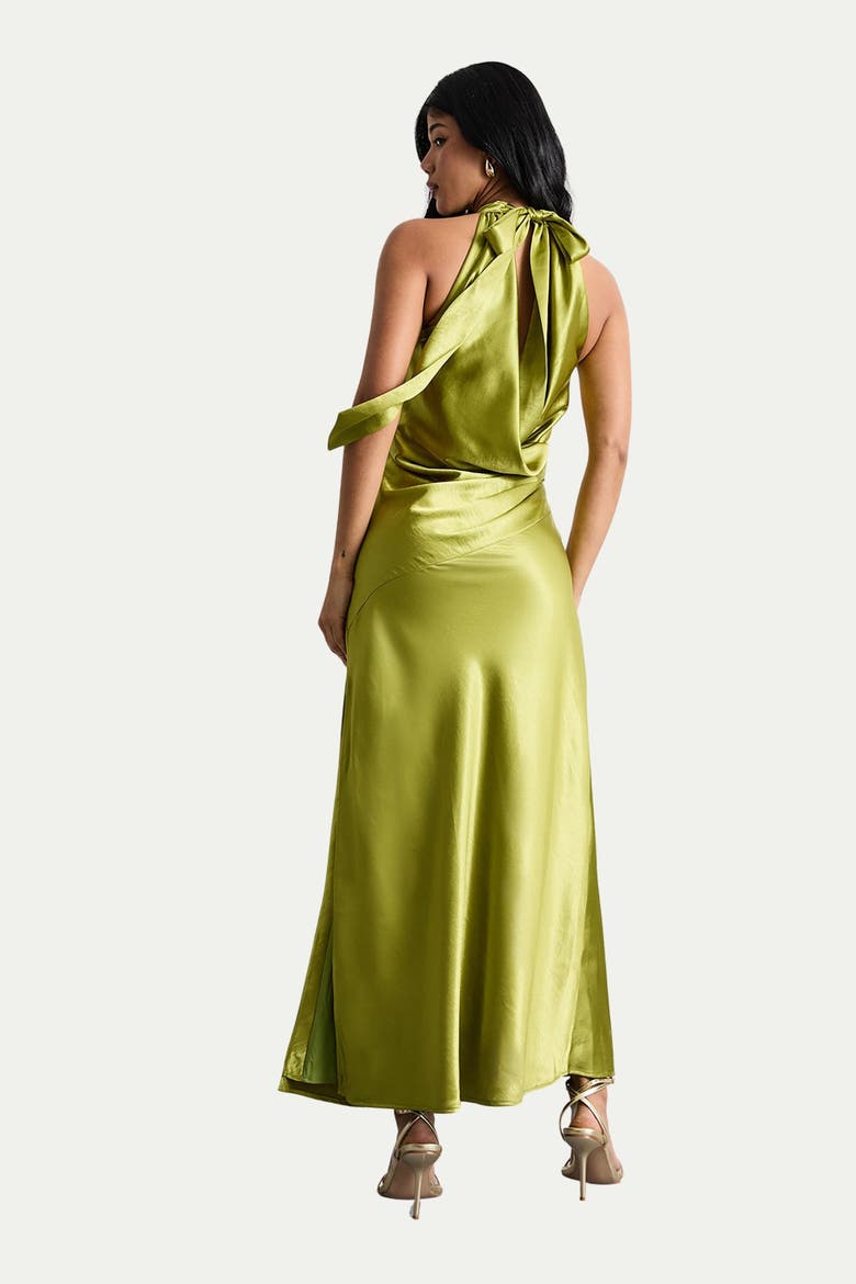 Satin Tie Neck Cowl Maxi Dress, Alternate, color, Olive