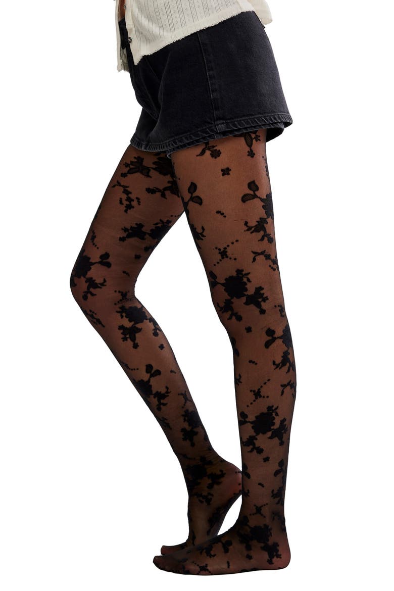 Flocked Floral Tights, Main, color, BLACK COMBO
