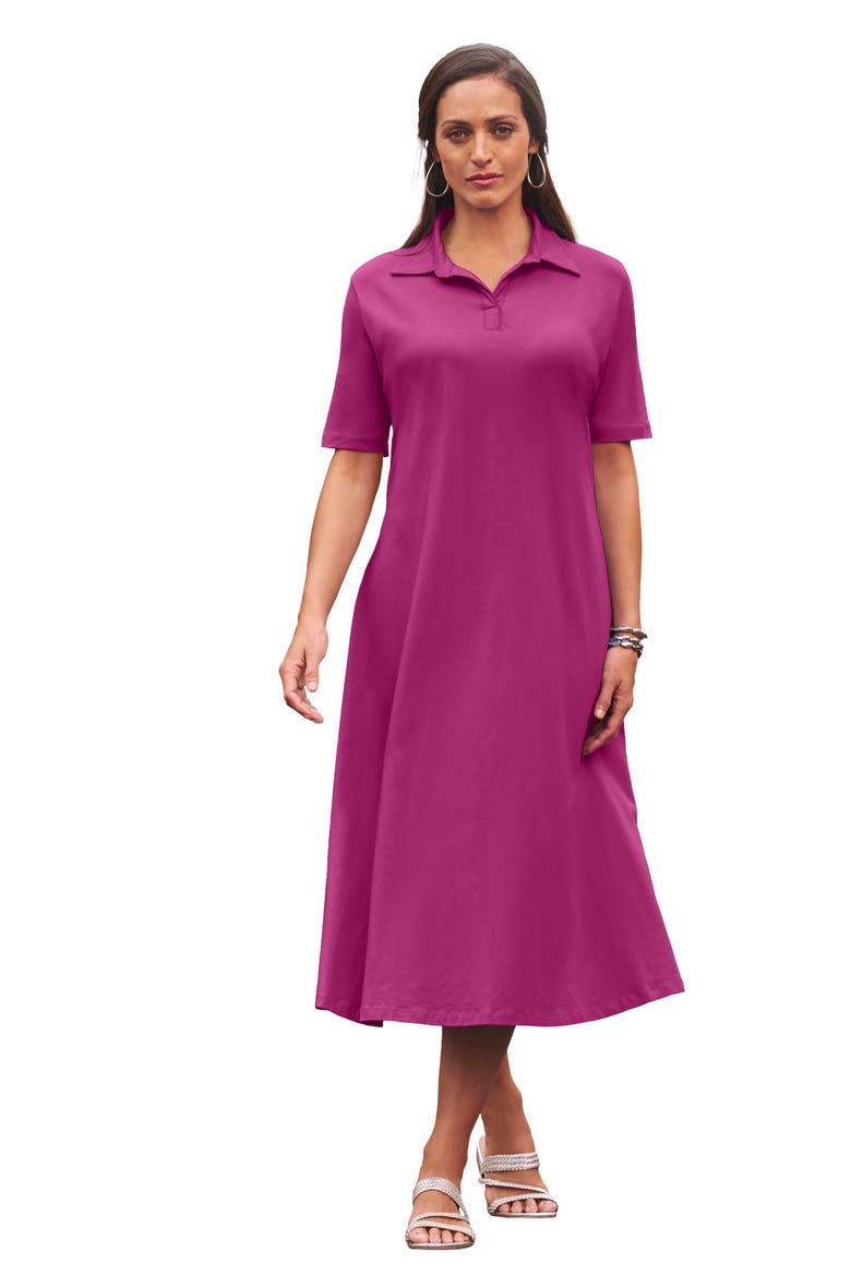 Stretch Cotton Notch Neck Midi Dress, Main, color, RASPBERRY