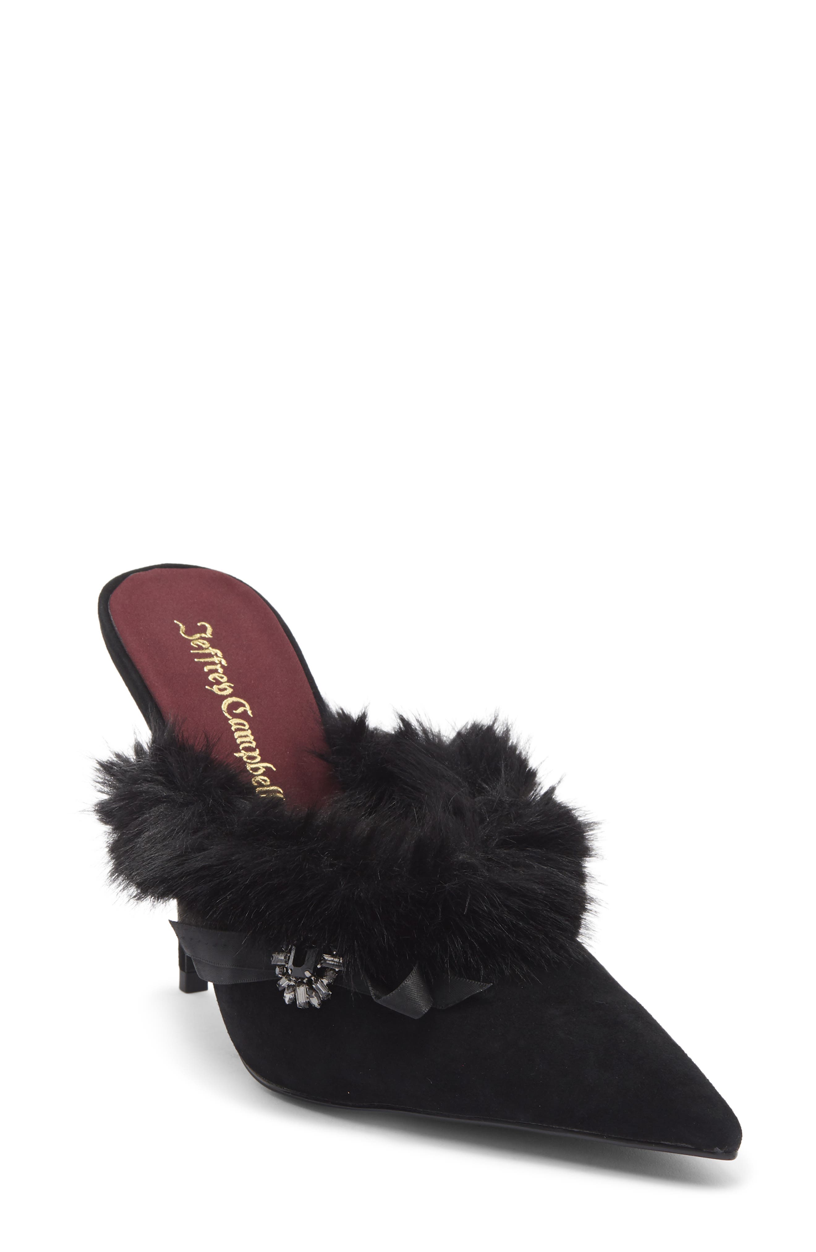 Jeffrey Campbell Rococo Faux Fur Mule, Main, color, Black Suede Combo