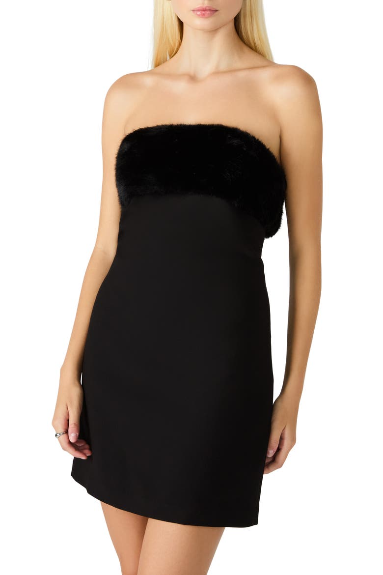 Aster Faux Fur Trim Strapless Minidress, Alternate, color, BLACK