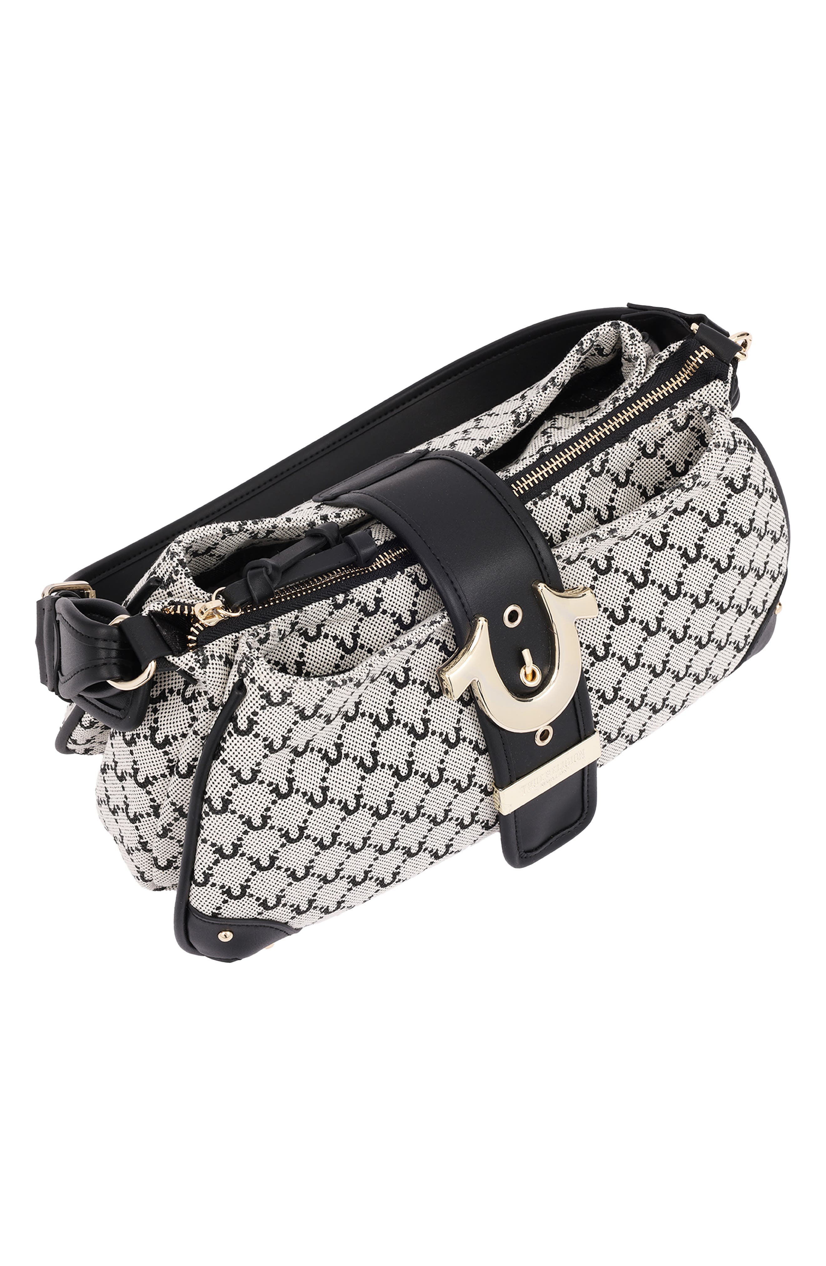 Signature Horseshoe Large Zip Shoulder Bag, Alternate, color, BLACK