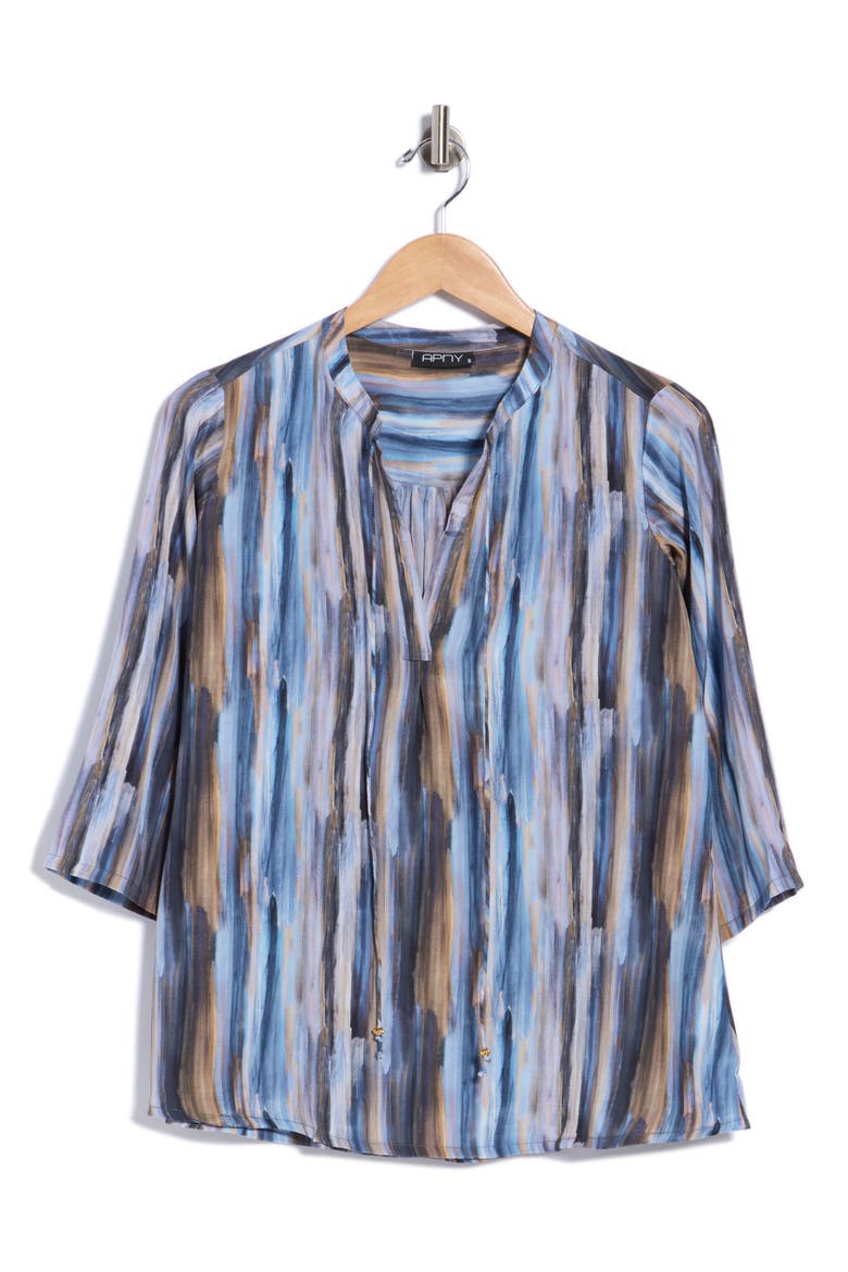 Tassel Mandarin Collar V-Neck Blouse, Alternate, color, BLUE/ BROWN MULTI