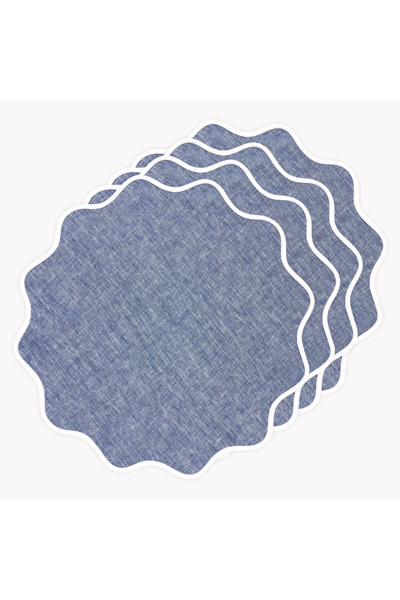 Linen Placemats 16 Inch Round Set of 4 - Giselle Scallop Edge, Main, color, White and Chambray Indigo