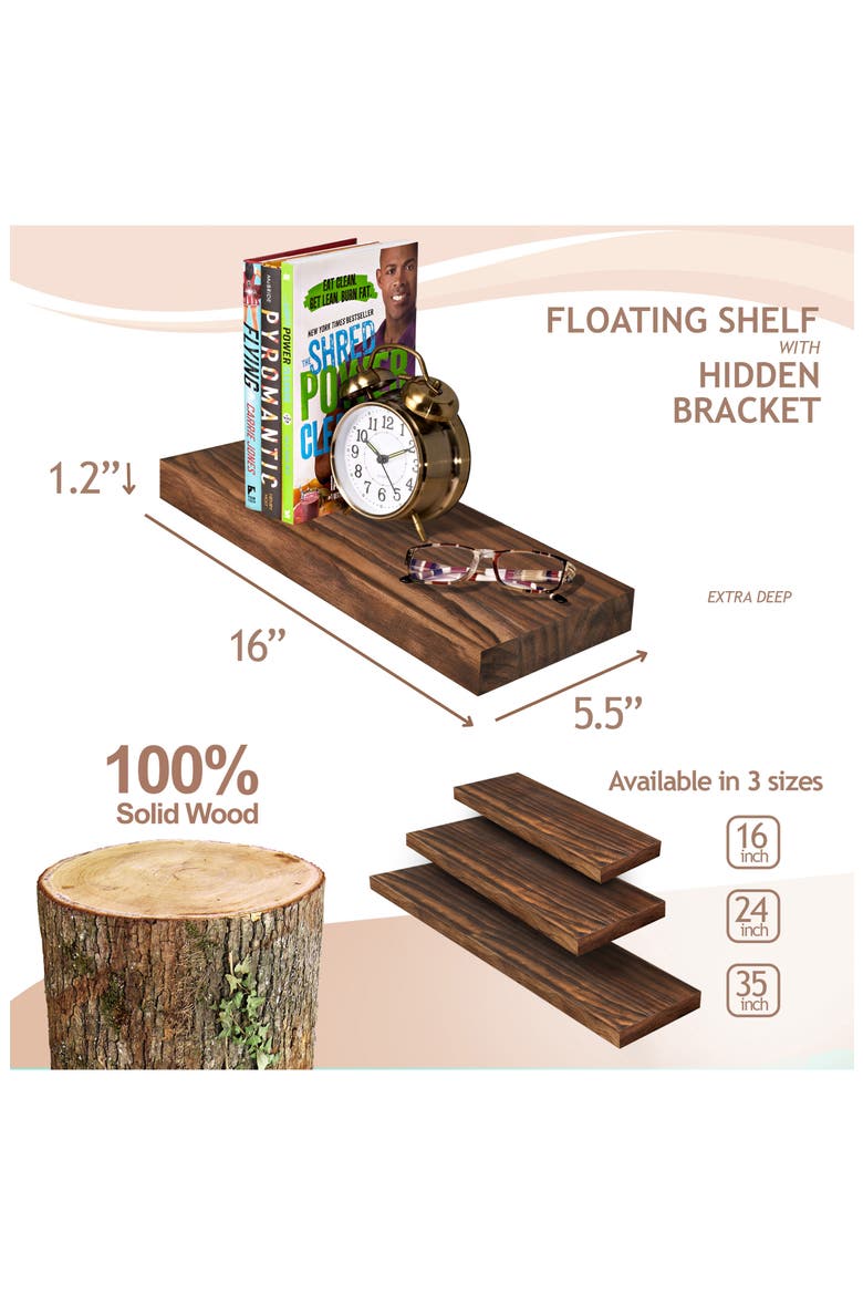 Set of 2 Solid Wood Floating Shelves, Alternate, color, BROWN