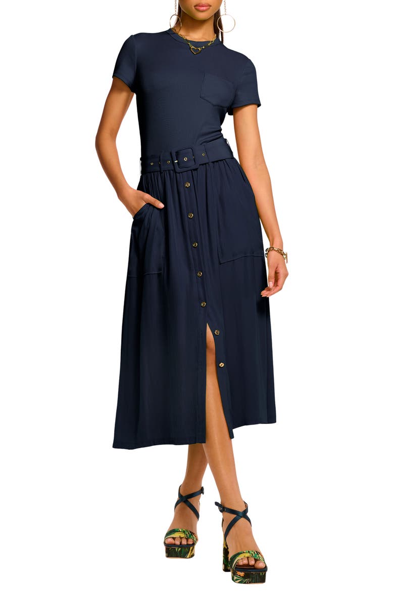 Sylvie Mixed Media Cotton Blend Dress, Main, color, SPRING NAVY
