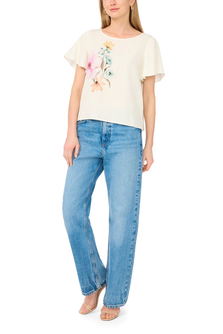 Placed Floral Flutter Sleeve Top, Alternate, color, ANTIQ WHITE