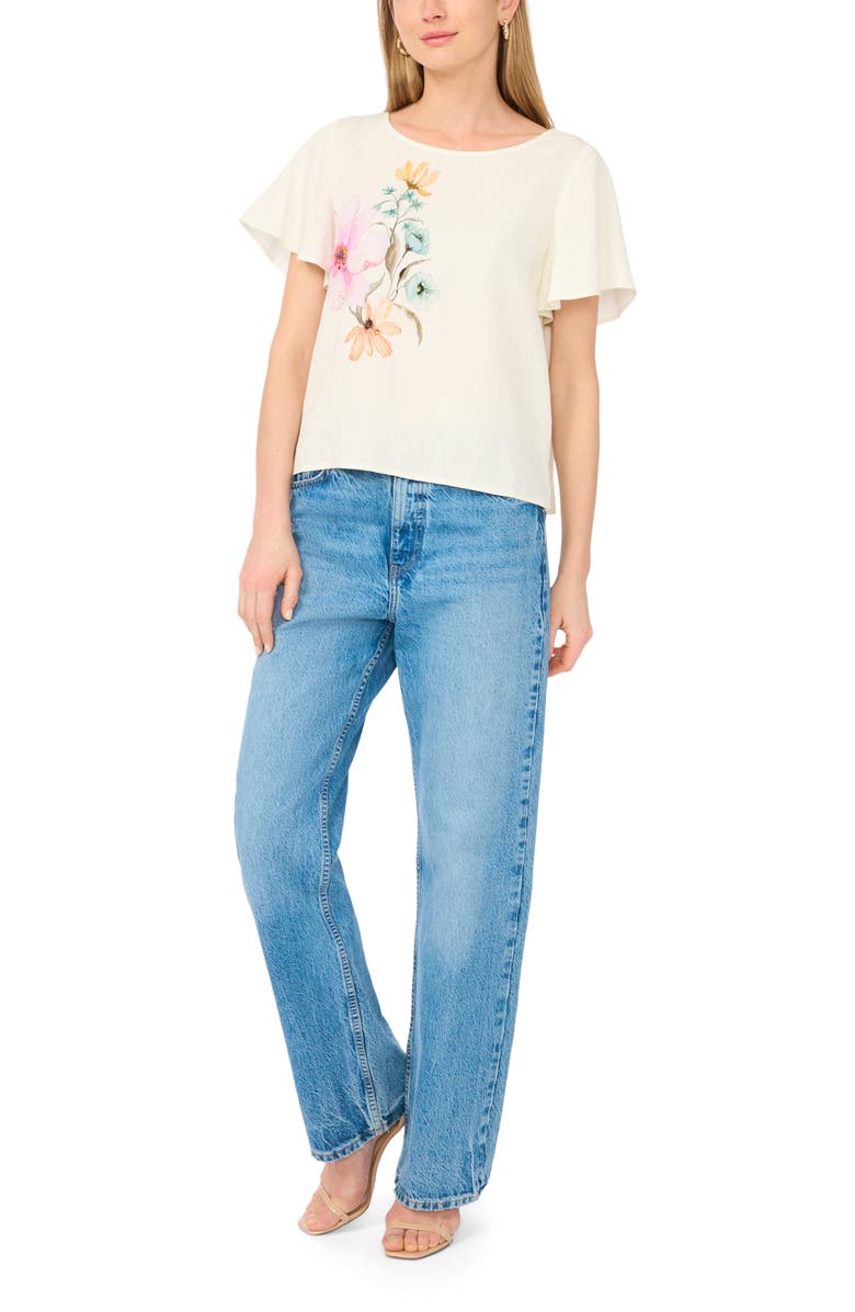 Vince Camuto Placed Floral Flutter Sleeve Top, Alternate, color, Antiq White