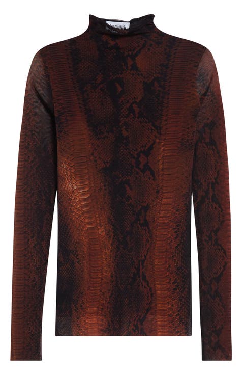 Snakeskin Print Long Sleeve Mesh Top