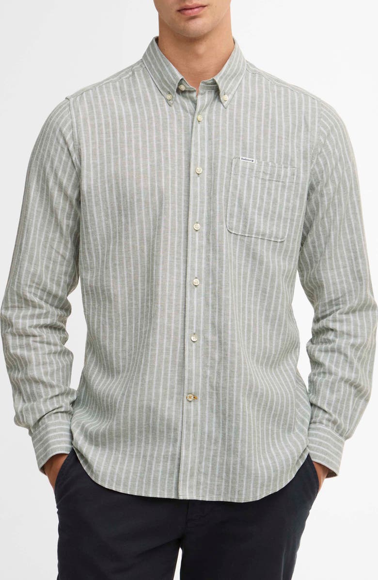 Barbour Nelson Tailored Fit Stripe Linen & Cotton Button-Down Shirt, Main, color, Bleached Olive