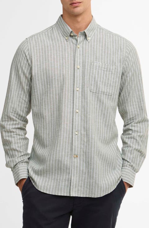 Nelson Tailored Fit Stripe Linen & Cotton Button-Down Shirt