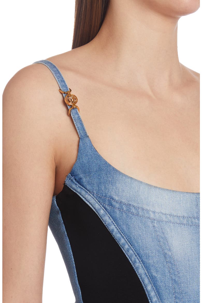 Medusa Embellished Denim Corset Top, Alternate, color, BLUE NERO