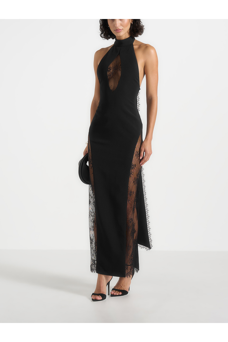 Jessica Contour Lace Halter Drape Neck Maxi Dress, Main, color, Black