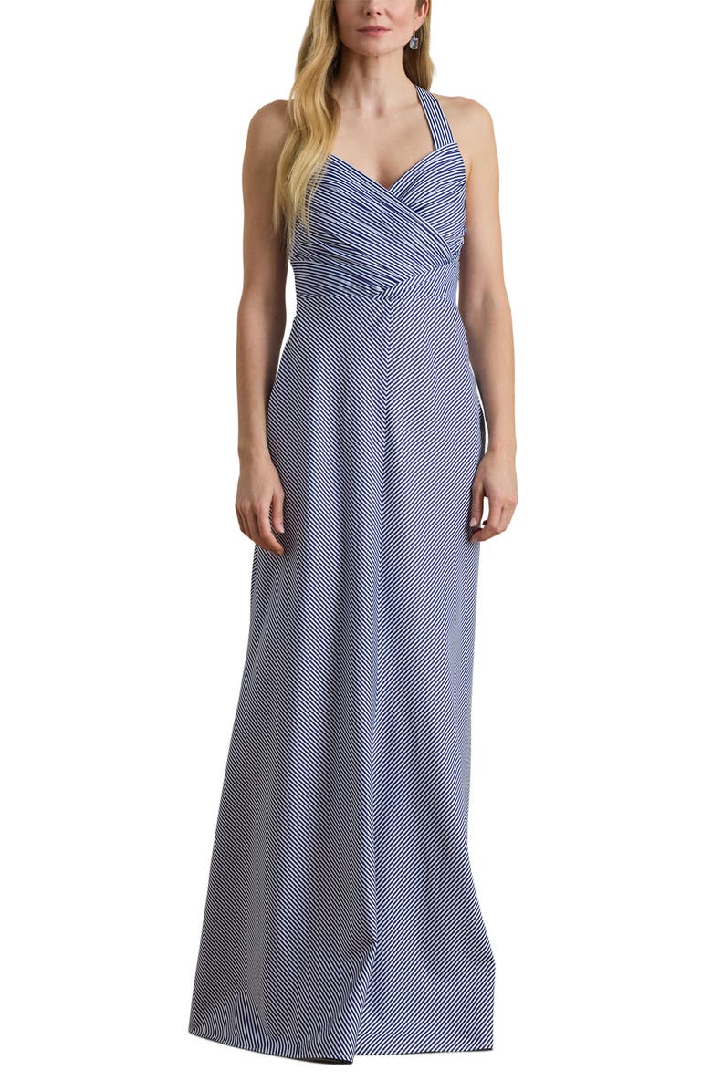 Lauren Ralph Lauren Stripe Crossback Taffeta Gown, Main, color, Blue/ White