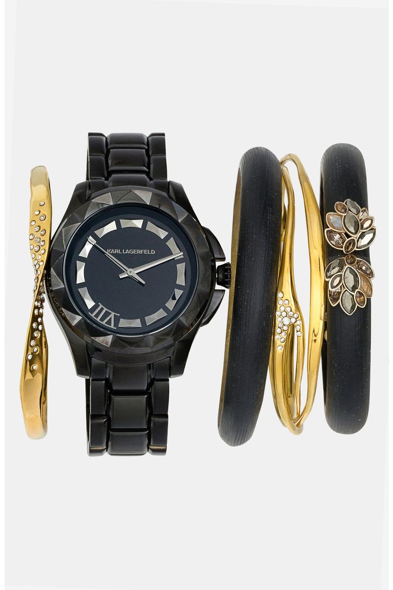 KARL LAGERFELD '7' Faceted Bezel Bracelet Watch, 44mm, Main, color, BLACK