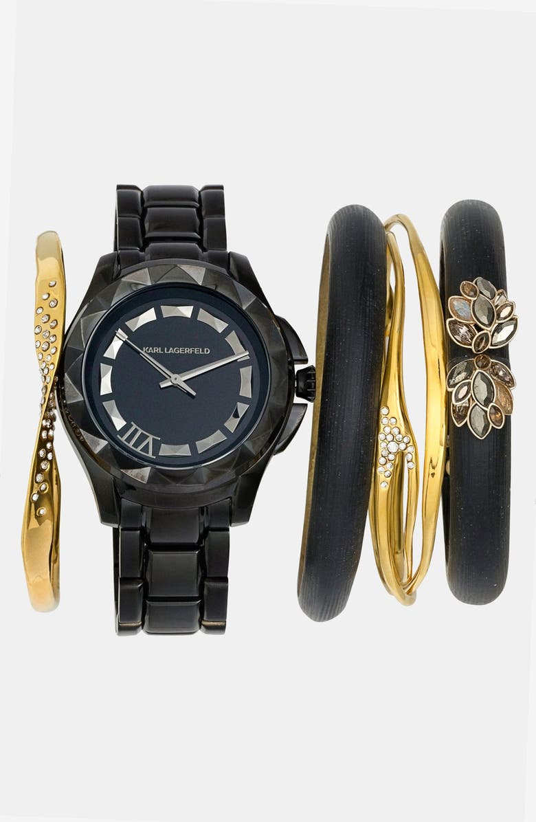 KARL LAGERFELD PARIS KARL LAGERFELD '7' Faceted Bezel Bracelet Watch, 44mm, Main, color, 